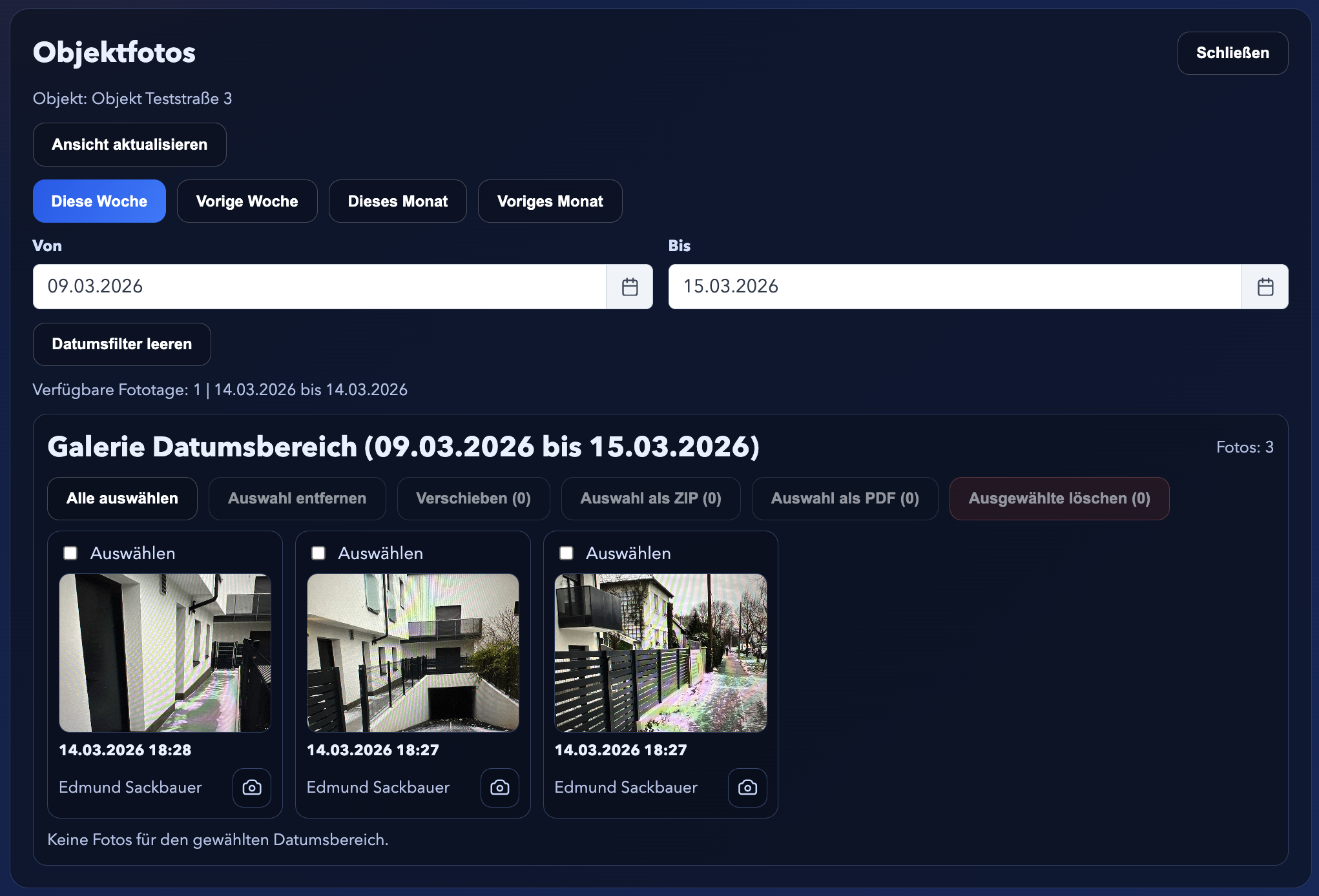 Screenshot der ProofOtter-Zentrale mit Objektfotos, Datumsfilter und Galerieansicht
